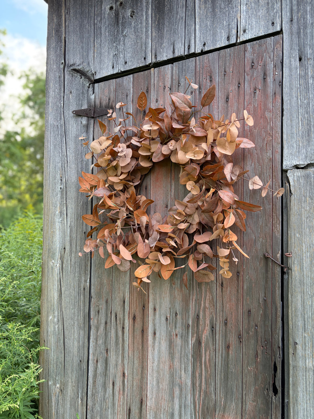A rustic  eucalyptus wreath in warm brown and tan tones, hanging on a weathered gray wooden door with greenery visible in the background.