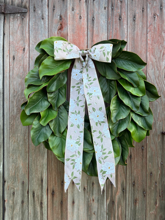 Luxe Magnolia Wreath with Floral Linen Bow Year